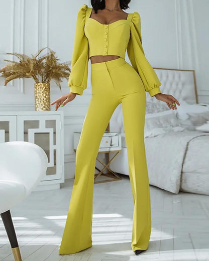 Solid color long-sleeved top & flared pants two-piece set