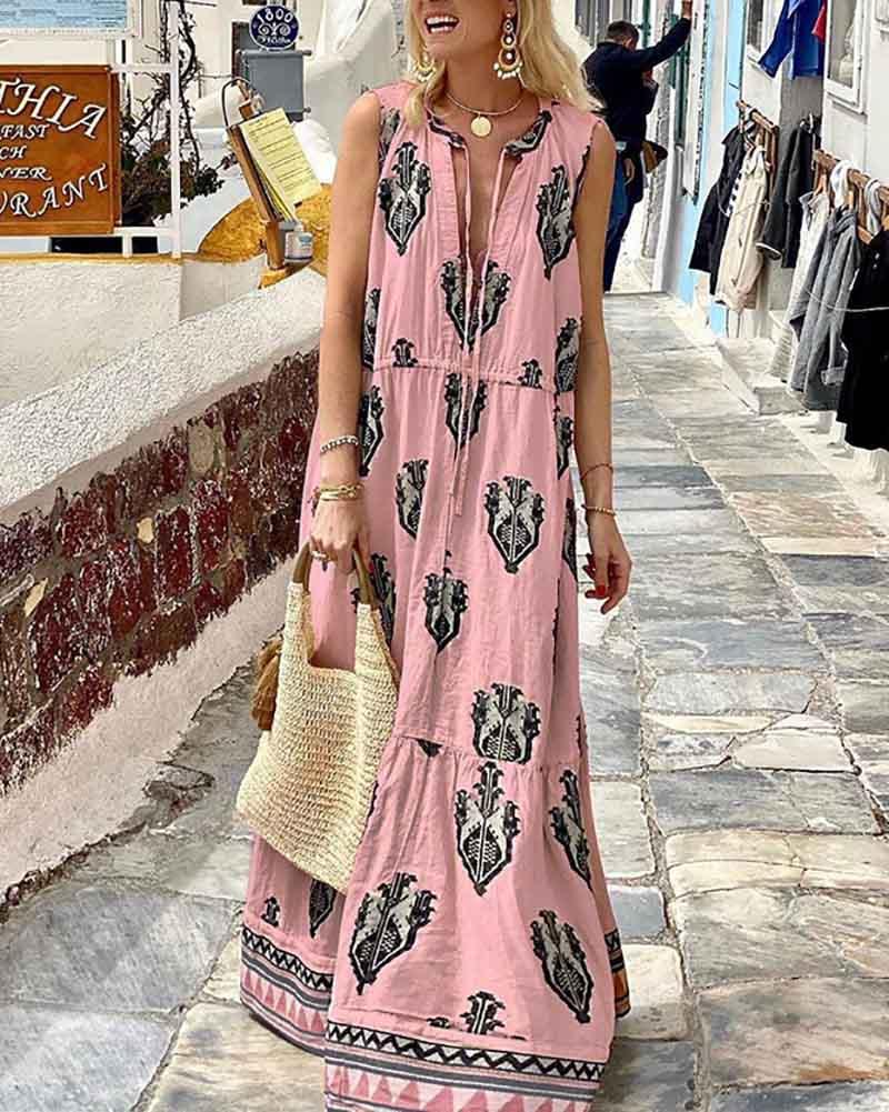 Casual sleeveless boho print dress