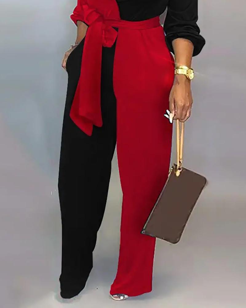 Casual color-block long-sleeved jumpsuit