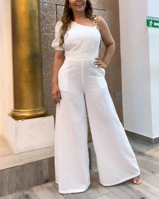 Fashion Single Shoulder White Straight Tube Long Jumpsuit