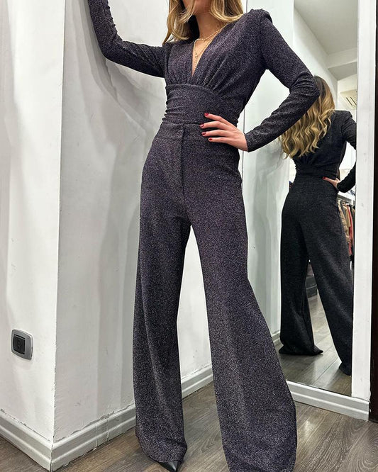 Casual deep V long-sleeved jumpsuit