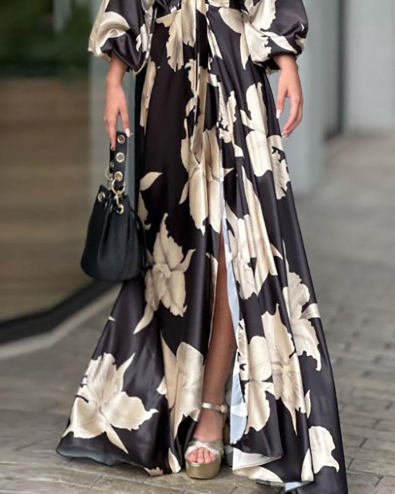 Puff sleeve high waist printed dress