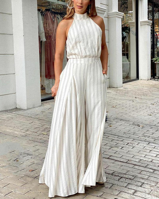 Striped print halterneck wide-leg jumpsuit