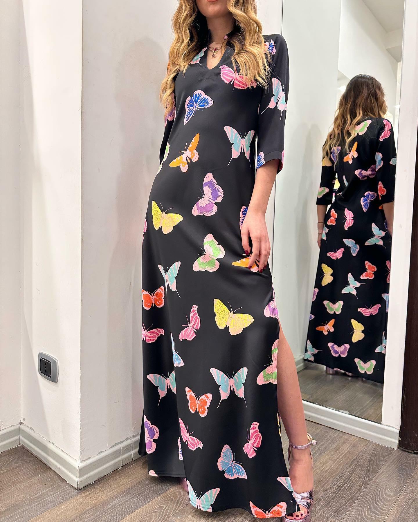 Elegant V Neck Long Sleeve Butterfly Dress