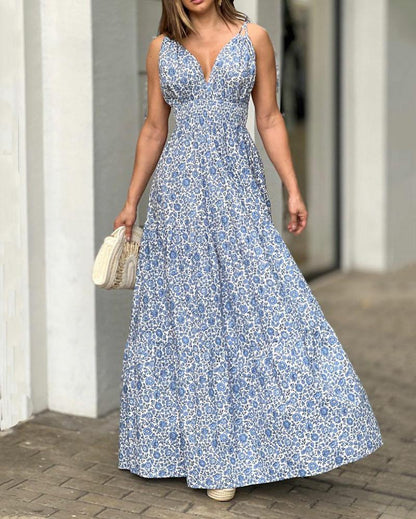 Elegant V-Neck Extra Long Floral Slip Dress