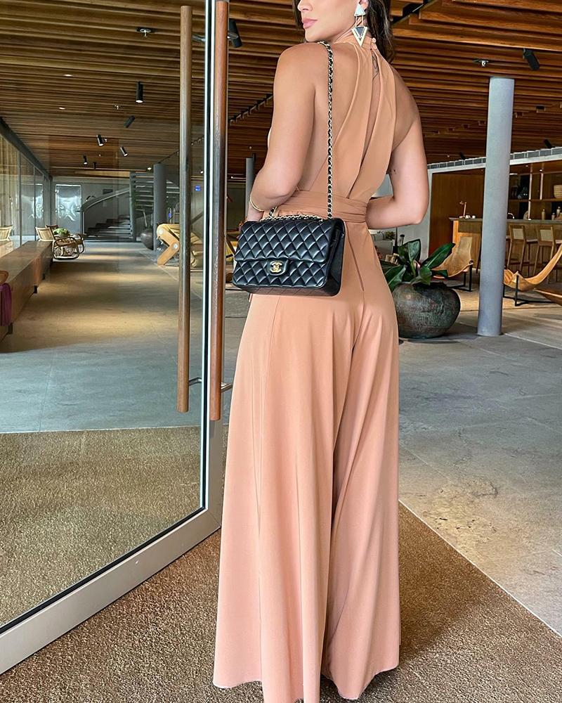 Solid Color Sleeveless High Waist Jumpsuit