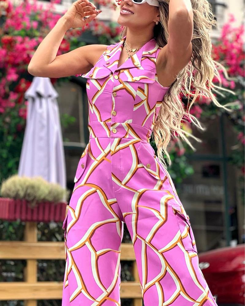 Lapel sleeveless printed jumpsuit