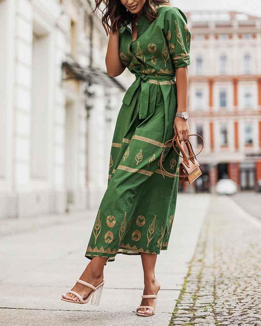 Stylish Long Sleeve Midi Print Shirt Dress