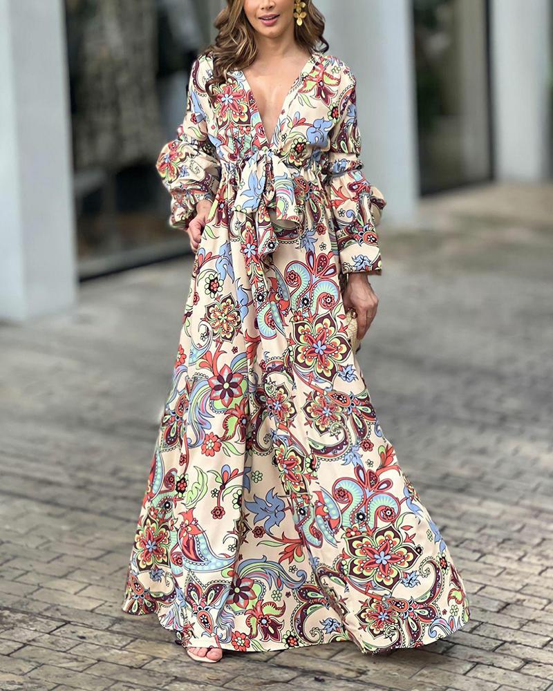 Puff Sleeve Fashion Print Waist Dress