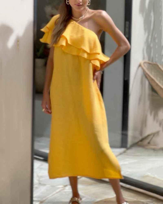 Solid color sloping shoulder ruffle dress