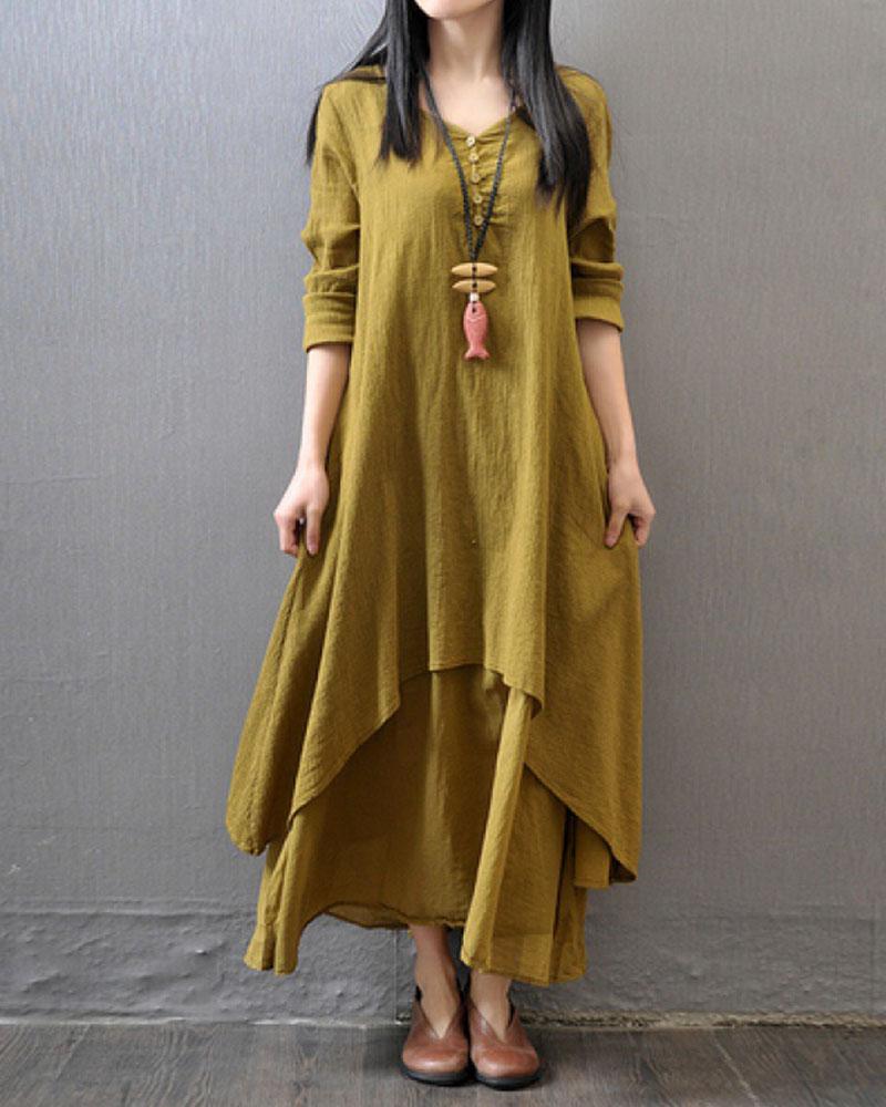 Loose Long Sleeved Cotton Linen Dress