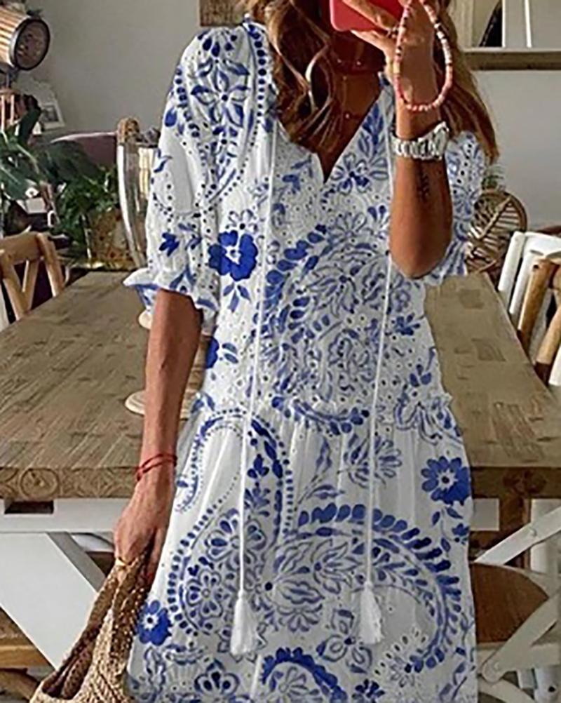 Casual V-neck short-sleeved printed dress