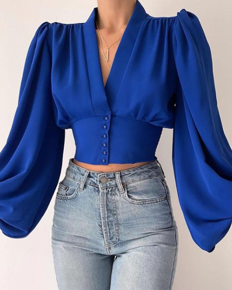 V-neck puff-sleeve top shirt