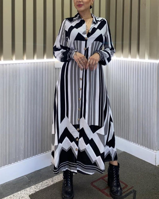 Black And White Striped Printed Long Sleeve Dress