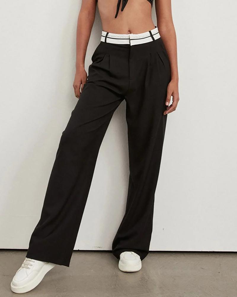 Trendy color-block waistband straight-leg pants