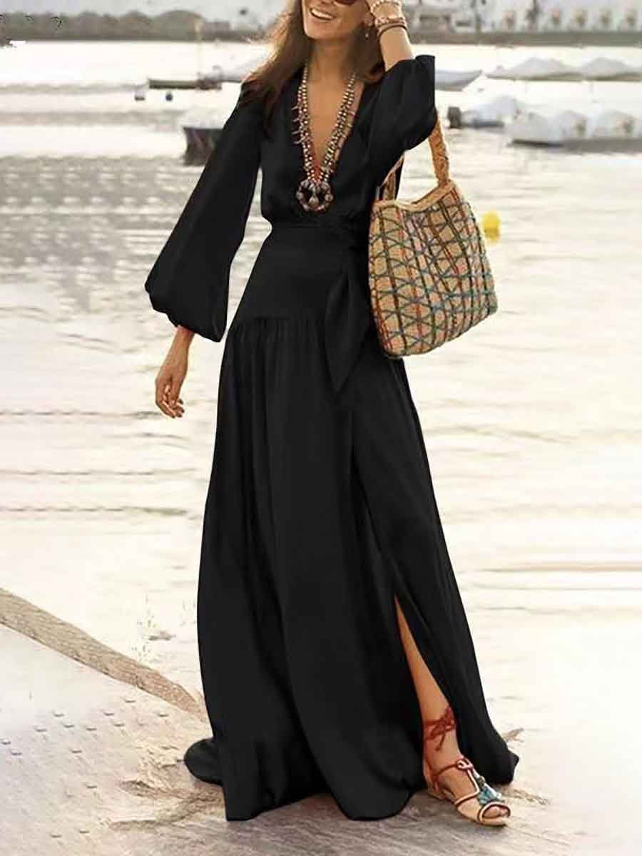 Elegant V-neck puff sleeves slit maxi dress