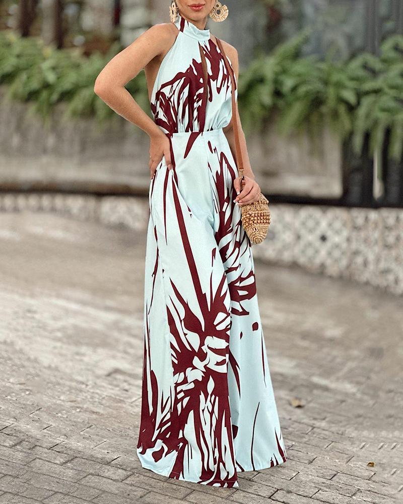 Halter Neck Sleeveless High Waist Print Jumpsuit