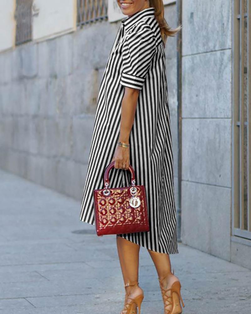 Casual Lapel Short Sleeve Striped Shirt Dress