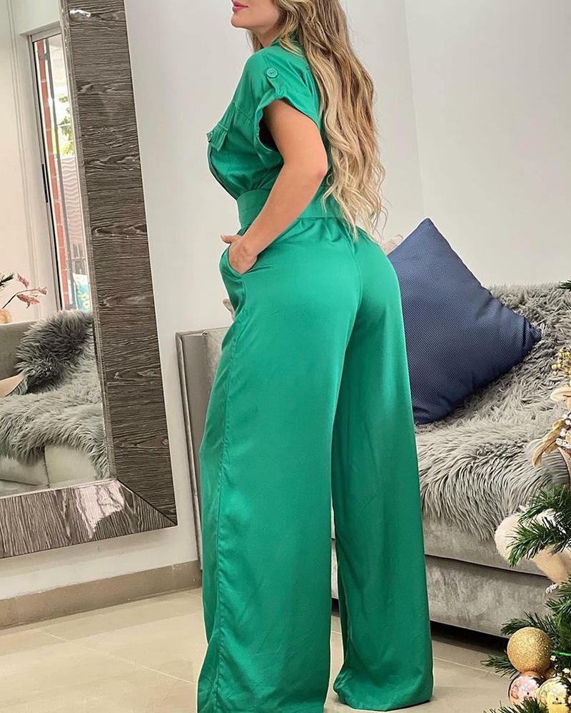 Lapel Fashion Solid Color Waist Jumpsuit