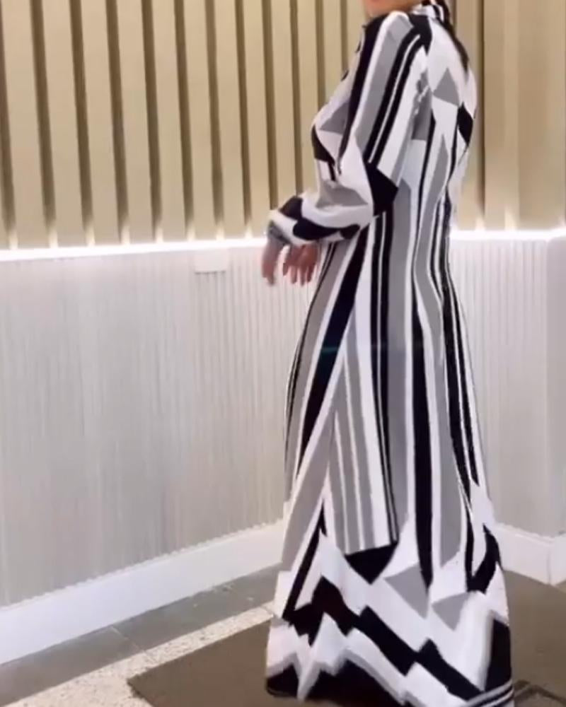 Black And White Striped Printed Long Sleeve Dress