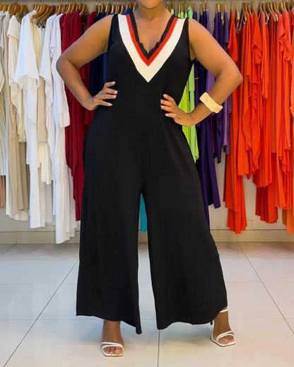 Casual color block V-neck sleeveless jumpsuit