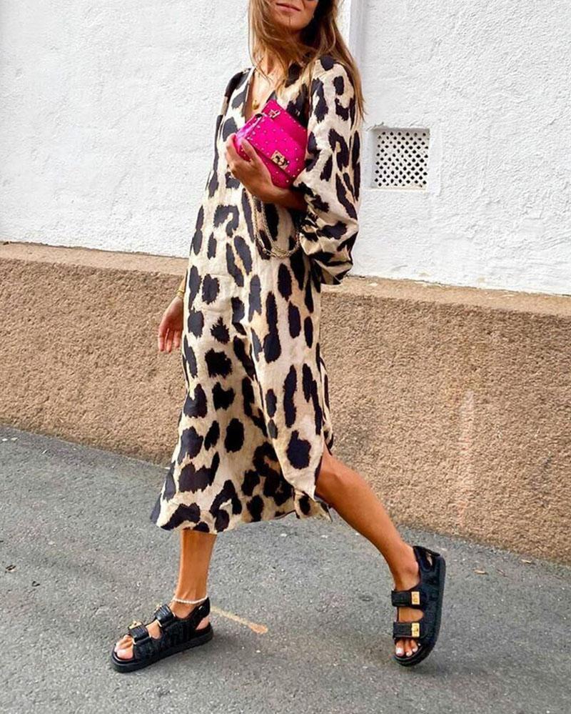 Stylish Balloon Sleeve Leopard Dress