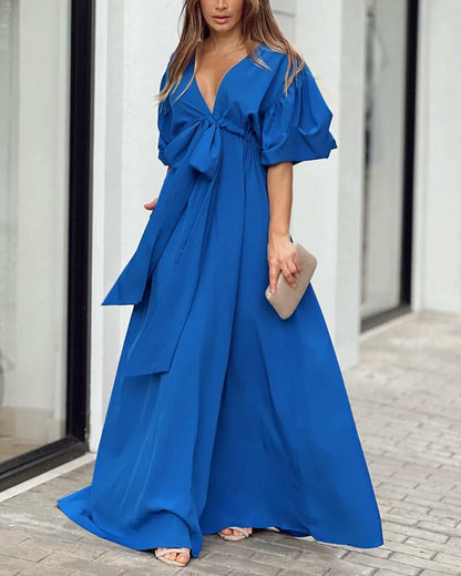 Blue V-Neck Puff Sleeve High Waist Dress