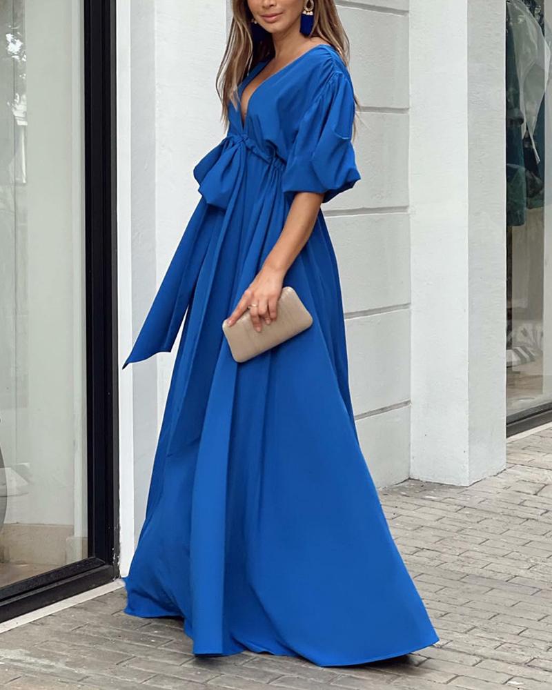 Blue V-Neck Puff Sleeve High Waist Dress