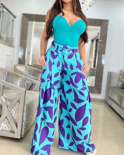 Sexy Camisole & Printed Wide Leg Pants Set