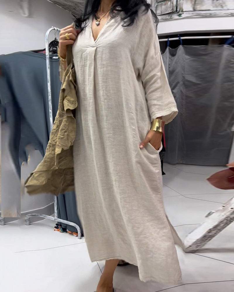 Casual Solid Color V-Neck Loose Dress