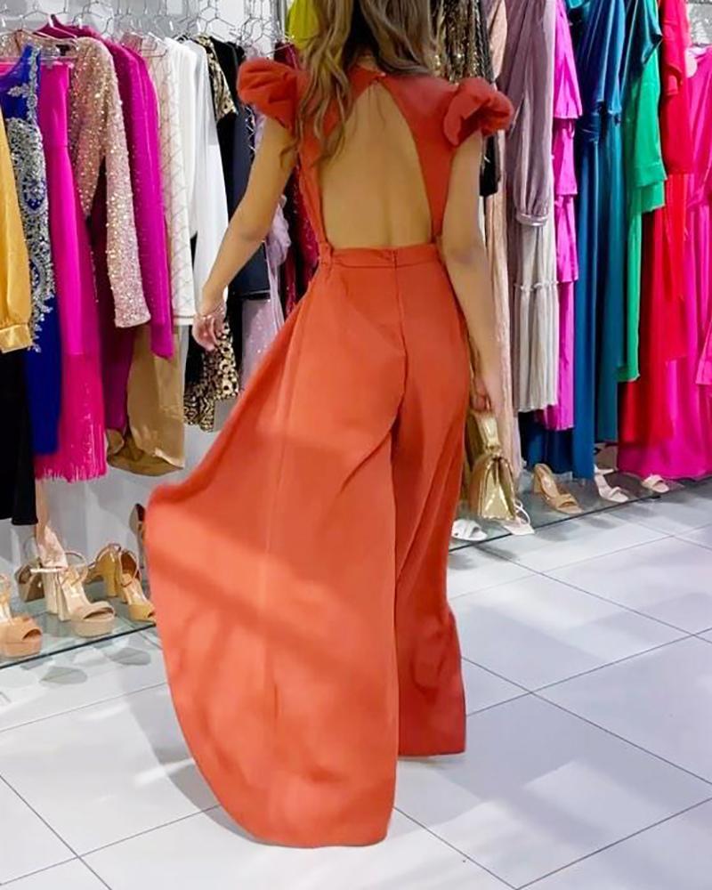 Solid color deep V open back slit jumpsuit