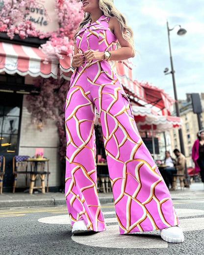 Lapel sleeveless printed jumpsuit