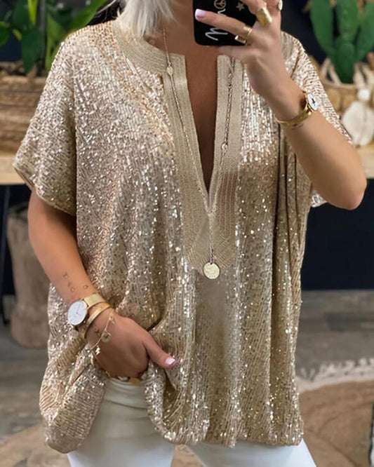 Loose Sequin V-Neck Short Sleeve Casual Shirt