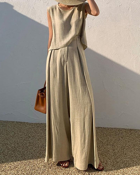 Vintage Sleeveless Tanks Tops And Wide Leg Long Trouser Pants Set