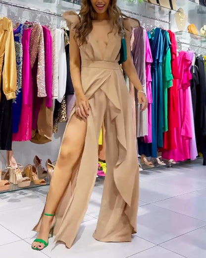 Solid color deep V open back slit jumpsuit