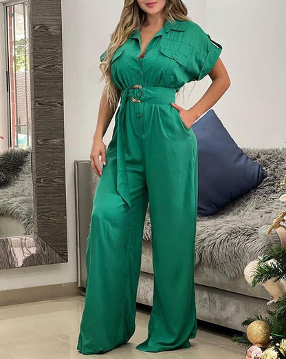 Lapel Fashion Solid Color Waist Jumpsuit