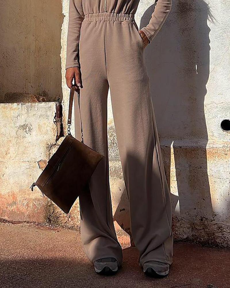 Casual Solid Color Lapel Long Sleeve Jumpsuit