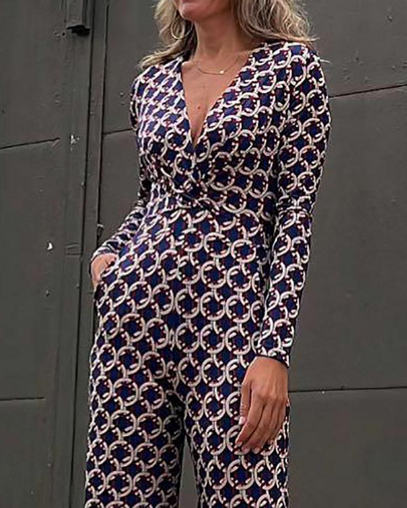 V-neck long-sleeved high-waist printed jumpsuit