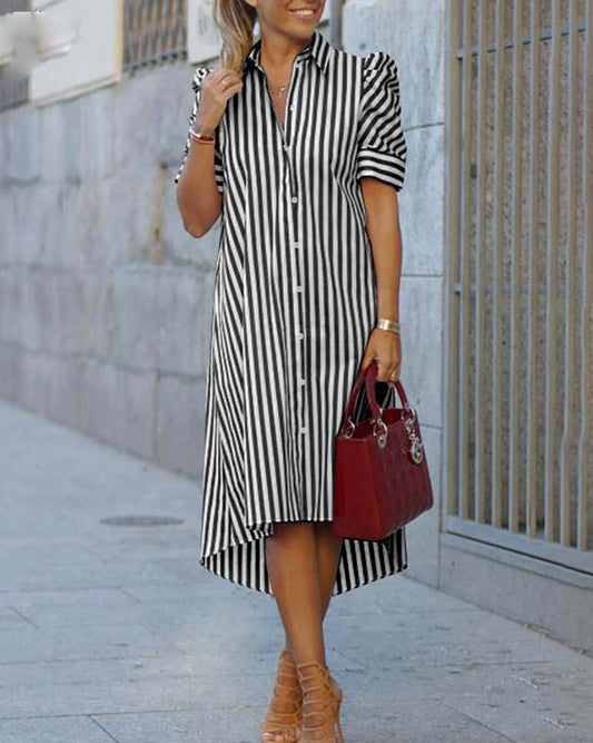 Casual Lapel Short Sleeve Striped Shirt Dress