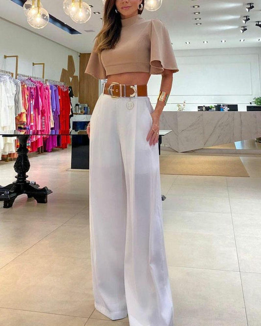 Turtleneck flared sleeve top and wide-leg pants two-piece set