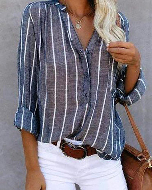 Stripe Printed Long Sleeve V-neck Blouse