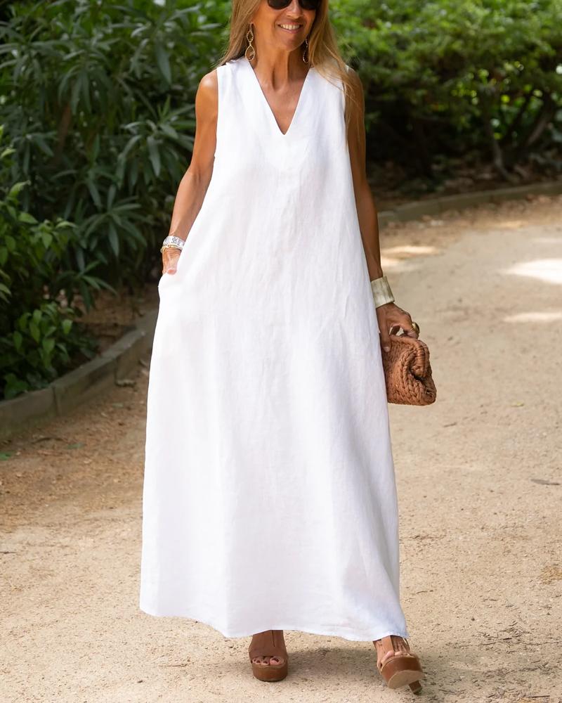 Cotton Linen Simple V-neck Sleeveless Dress