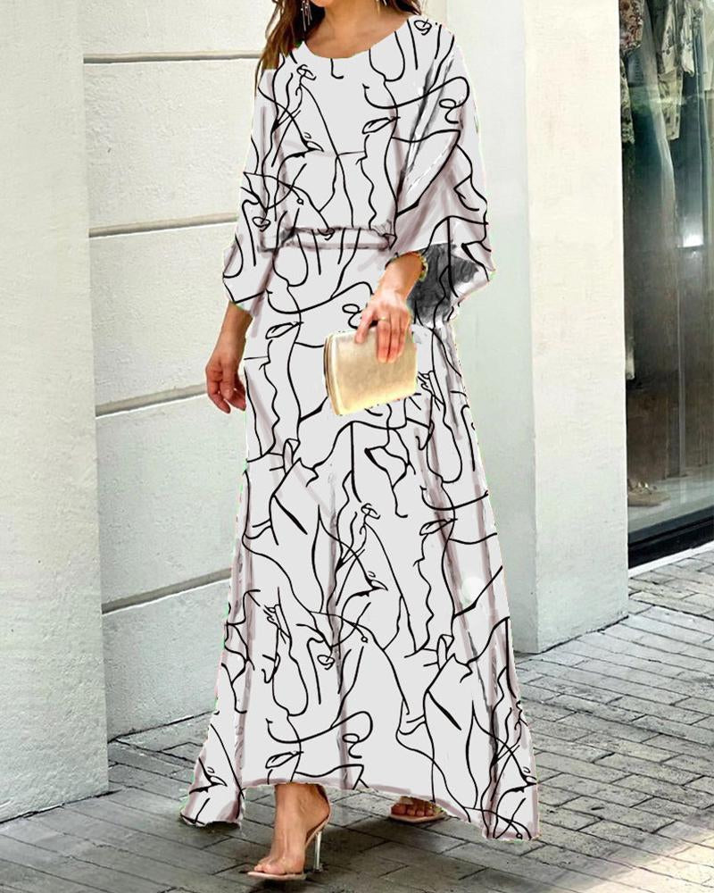 New Loose Print Long Sleeve Top Long Skirt Suit