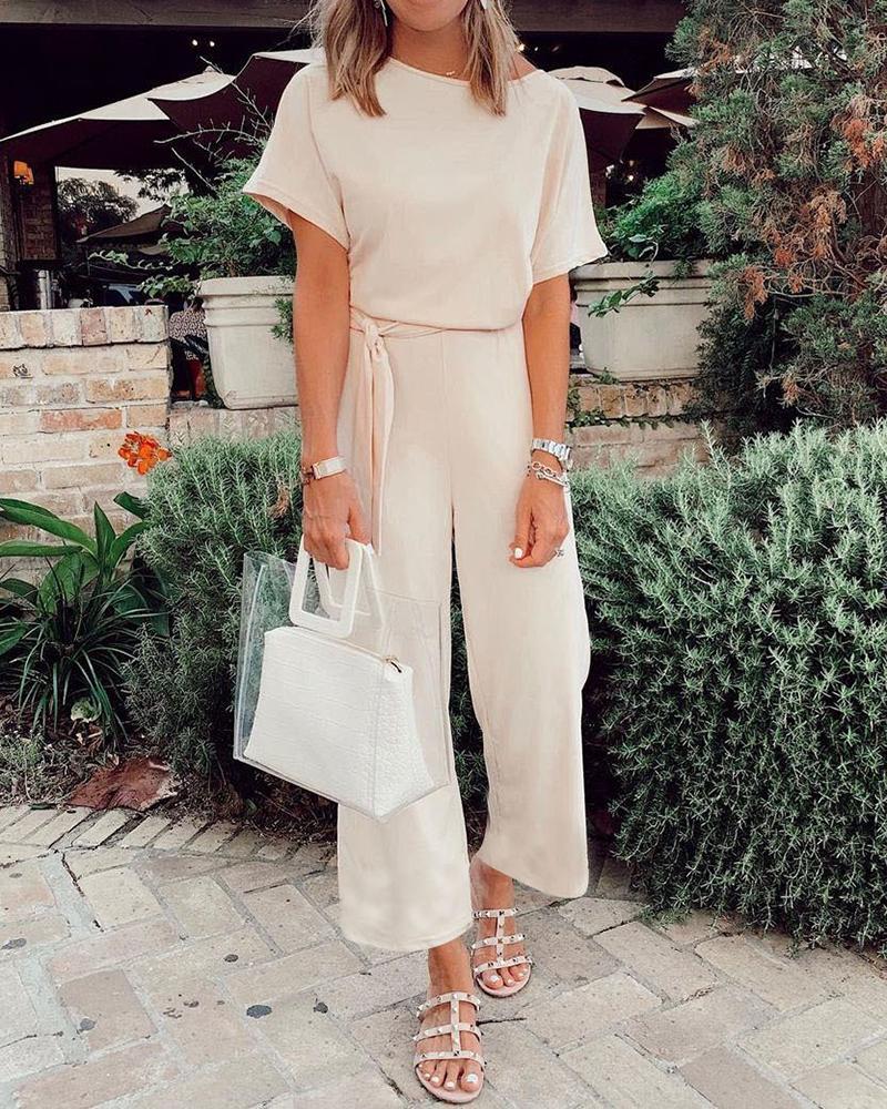 Solid color short-sleeved lace-up jumpsuit