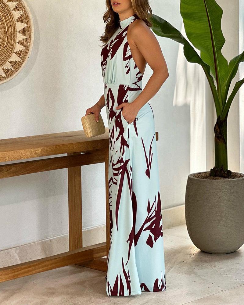 Halter Neck Sleeveless High Waist Print Jumpsuit