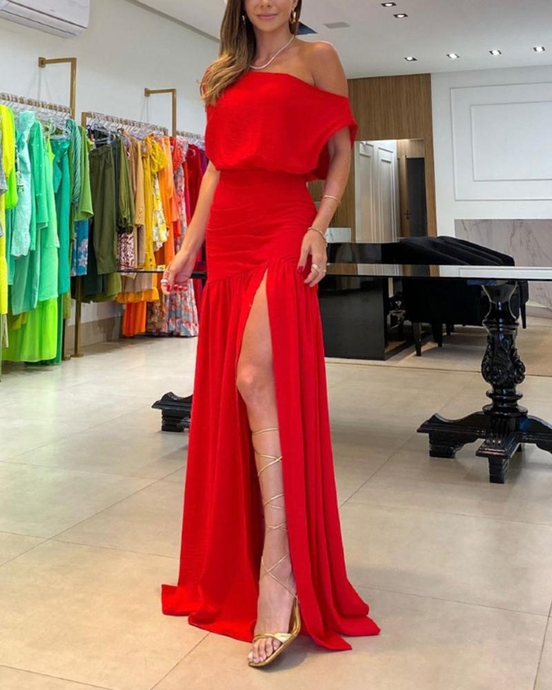 Elegant slanted shoulder high waist slit maxi dress