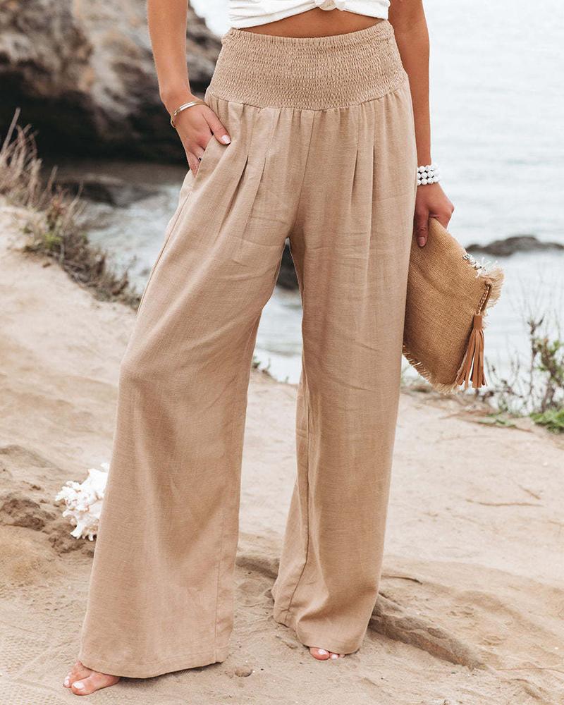 Casual Solid Cotton Linen Wide Leg Pants