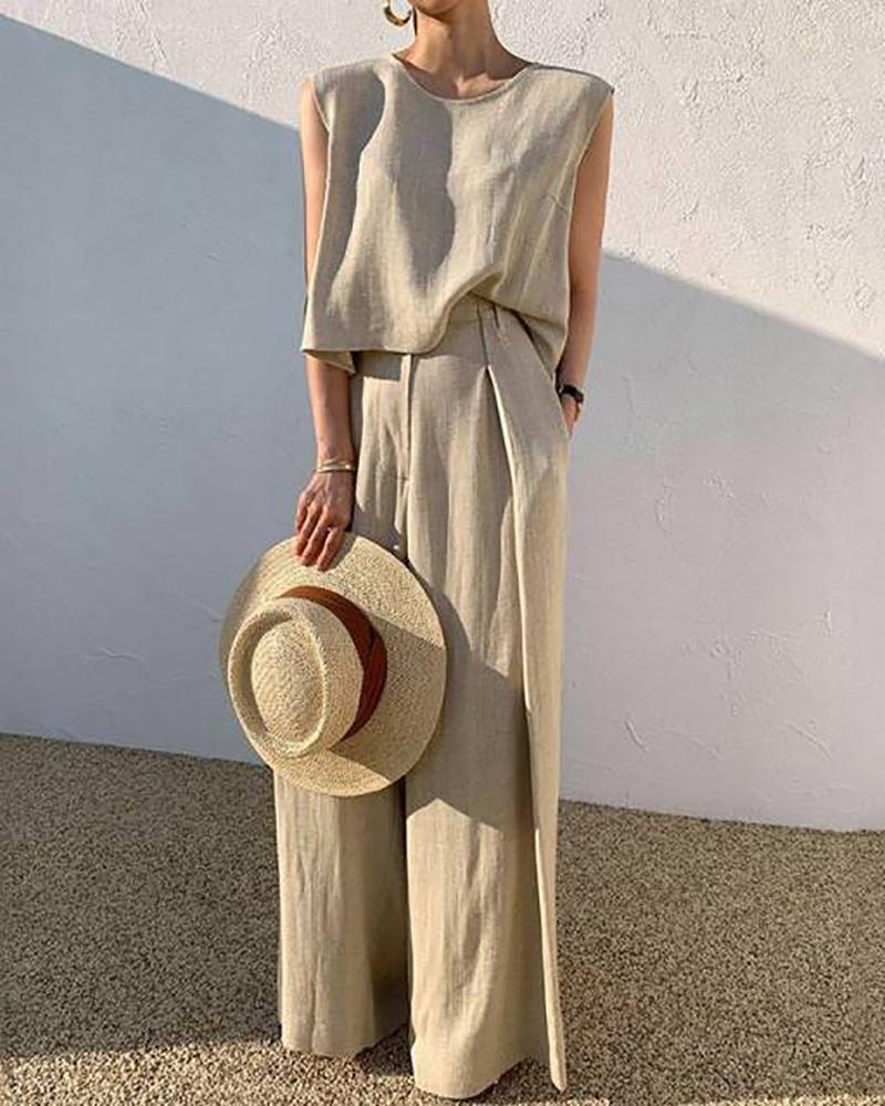 Vintage Sleeveless Tanks Tops And Wide Leg Long Trouser Pants Set