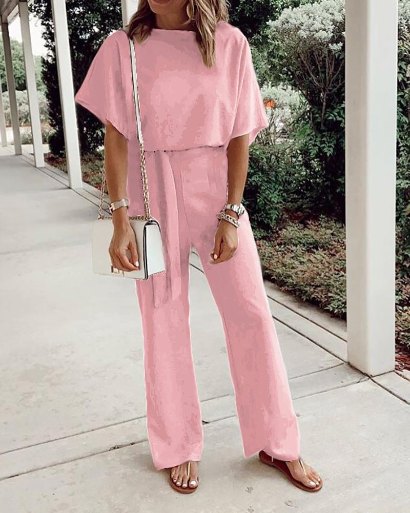 Solid color short-sleeved lace-up jumpsuit