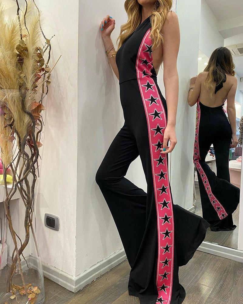 Casual Halter Neck Deep V Sleeveless Jumpsuit